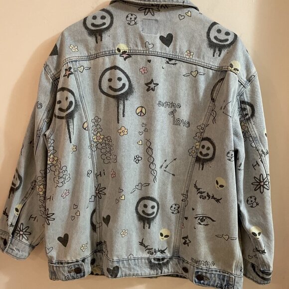 Wild Fable Graffiti Jean Jacket Women's L Denim Alien Smiley Face Flower Grunge - Picture 8 of 13